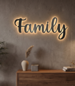 “Family” Script Metal Wall Art – Modern Geometric Framed Home Decor - Image 2