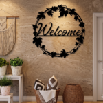 Elegant Circular Leaf Wreath "Welcome" Metal Wall Art – CNC Laser Cut Home Entrance Decor