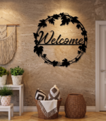 Elegant Circular Leaf Wreath "Welcome" Metal Wall Art – CNC Laser Cut Home Entrance Decor