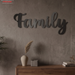“Family” Script Metal Wall Art – Modern Geometric Framed Home Decor