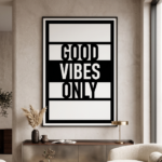 Good Vibes Only geometric metal wall art in a modern living room