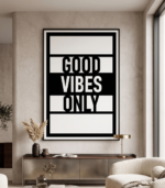 Good Vibes Only geometric metal wall art in a modern living room