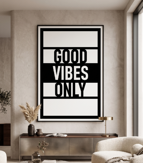 Good Vibes Only geometric metal wall art in a modern living room