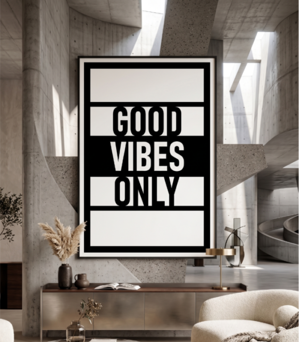 Good Vibes Only geometric metal wall art in a modern living room