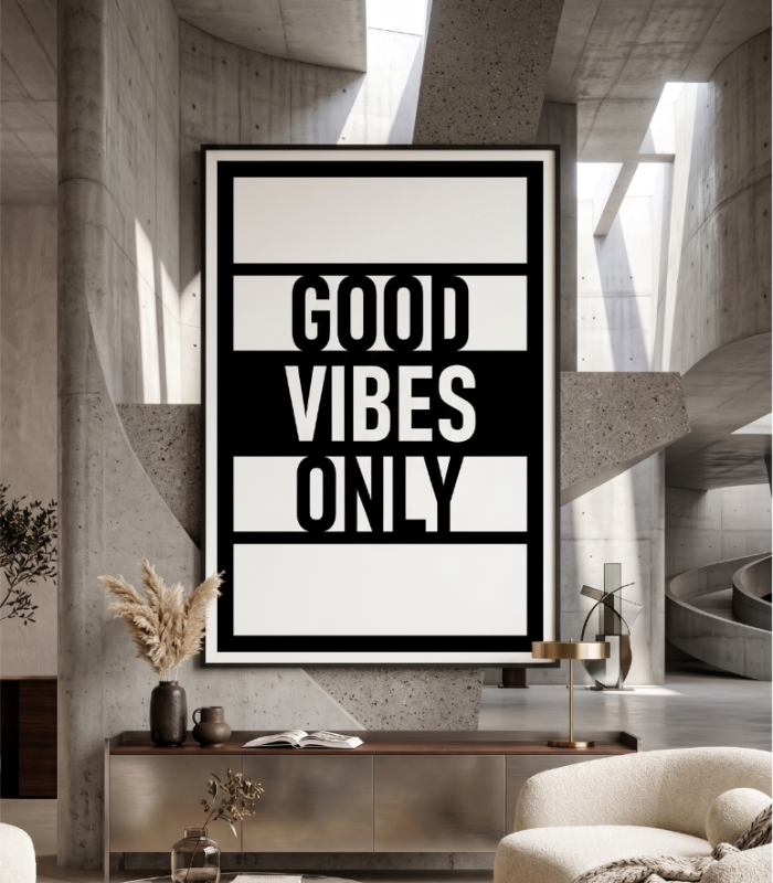 Good Vibes Only geometric metal wall art in a modern living room