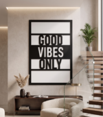 Good Vibes Only geometric metal wall art in a modern living room