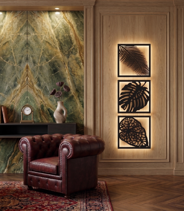 Tropical Monstera and Palm Leaf 3-Piece Backlit Metal Wall Art Set by Laser Prime