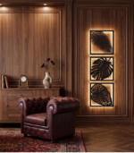 Tropical Monstera and Palm Leaf 3-Piece Backlit Metal Wall Art Set by Laser Prime