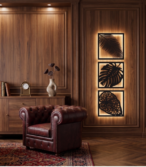 Tropical Monstera and Palm Leaf 3-Piece Backlit Metal Wall Art Set by Laser Prime